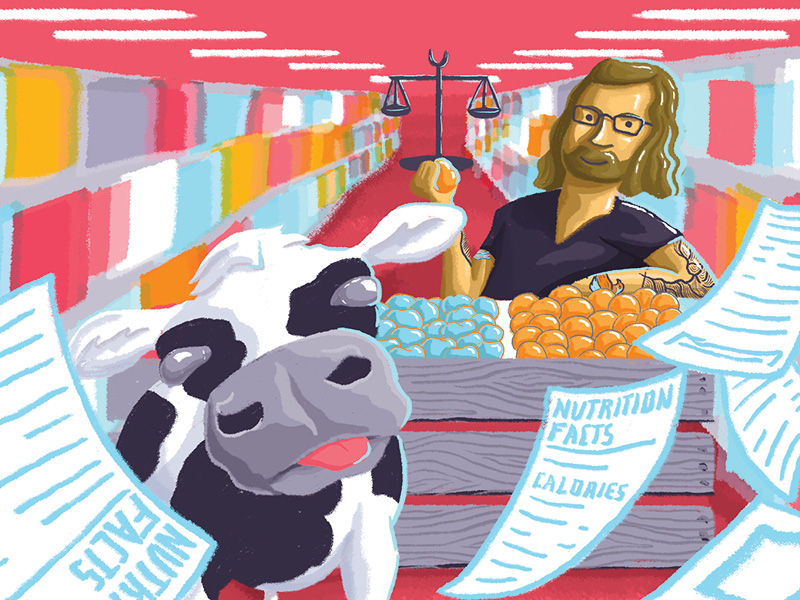 Illustration of a man and a cow, standing together in a grocery store.